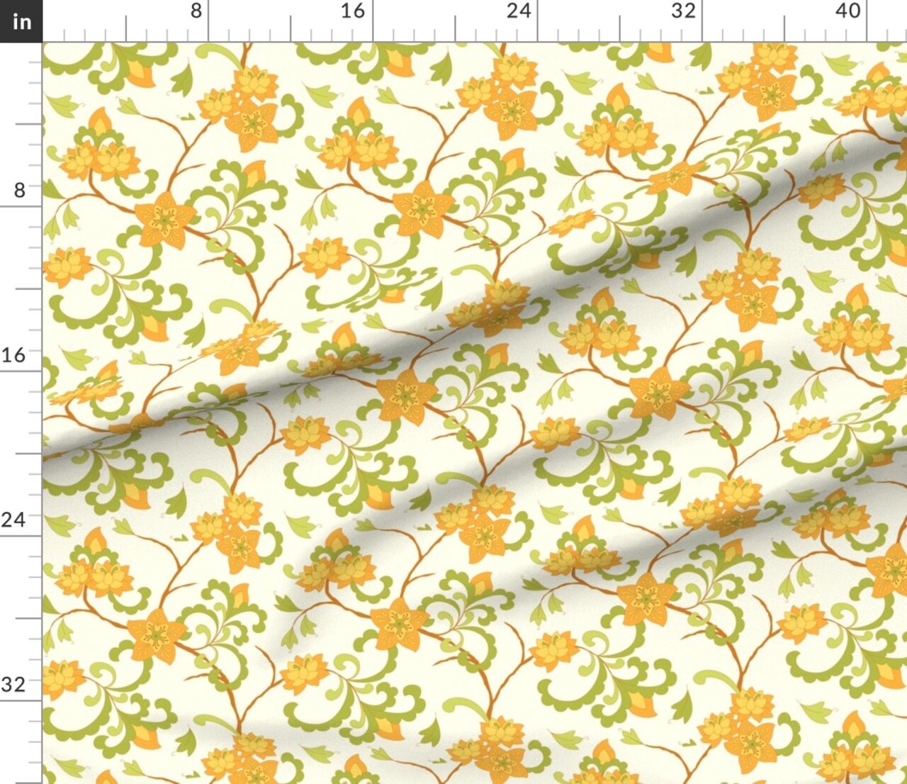 Trailing Floral Orange Chintz Indian Botanical Green Cream Retro Flowers Custom Printed Fabric by Spoonflower Various Fabrics by the Yard or Fat Quarter